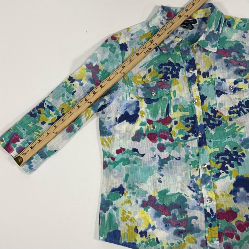 Watercolor Floral Karen Scott Petite Cotton Button Front Top Size LP Large Petit - Picture 6 of 8